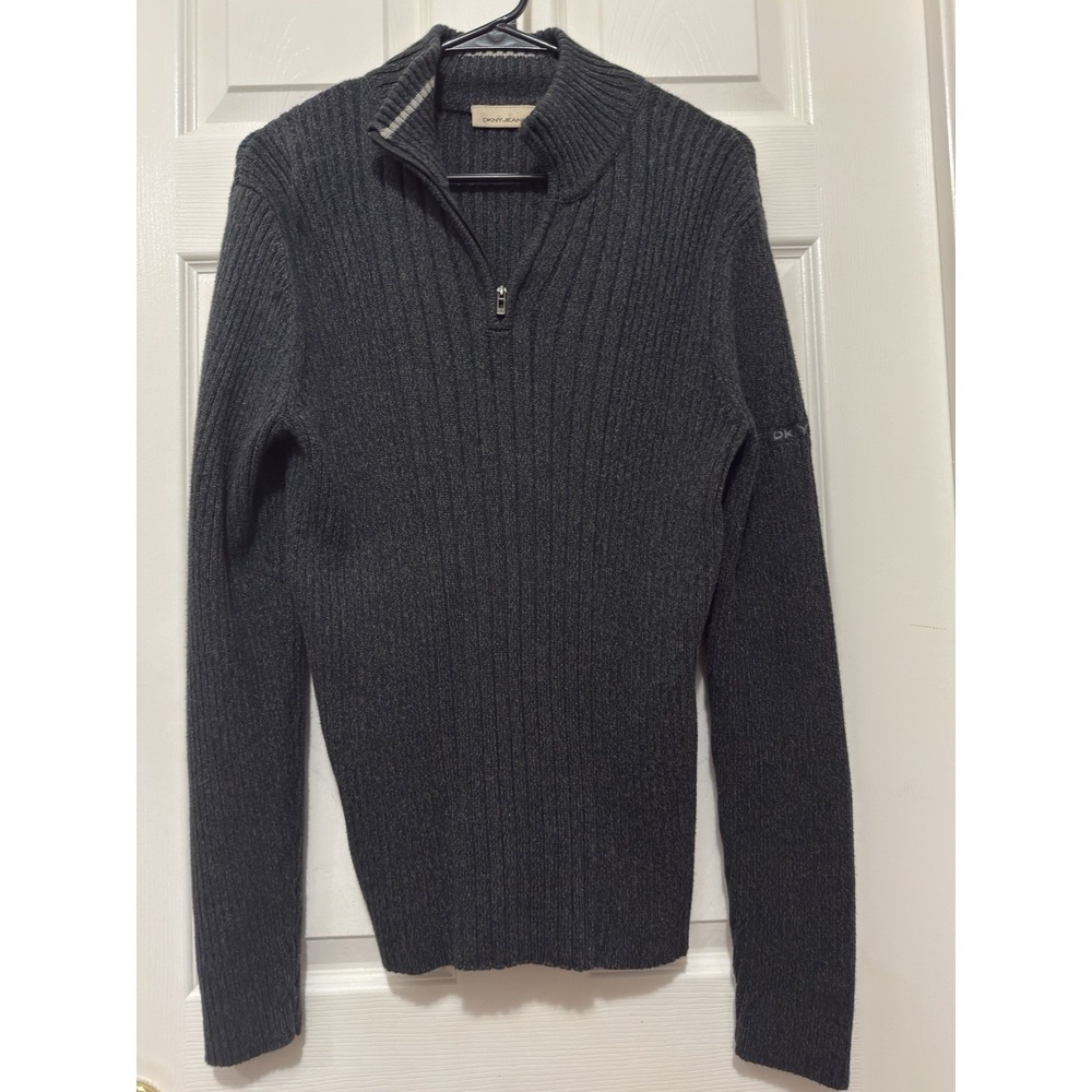DKNY Men's Long Sleeve Robbed Pullover Sweater‎ M 1/4 Zip Dk Gray/Black Preppy